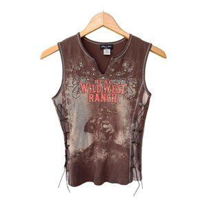 Graphic Brown Wild West Ranch Side Lace Up Tank Top Sz M